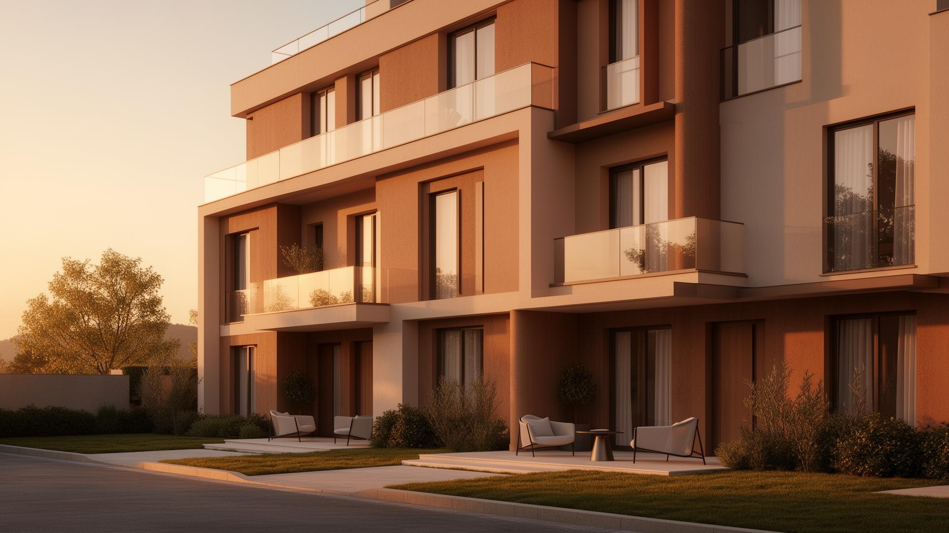 Modern luxury residential building at golden hour